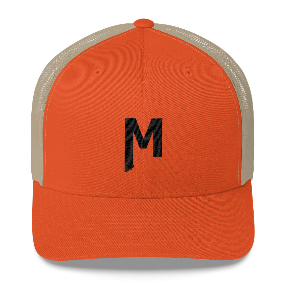 Montana M embroidered orange khaki brown Mesh Trucker Hat